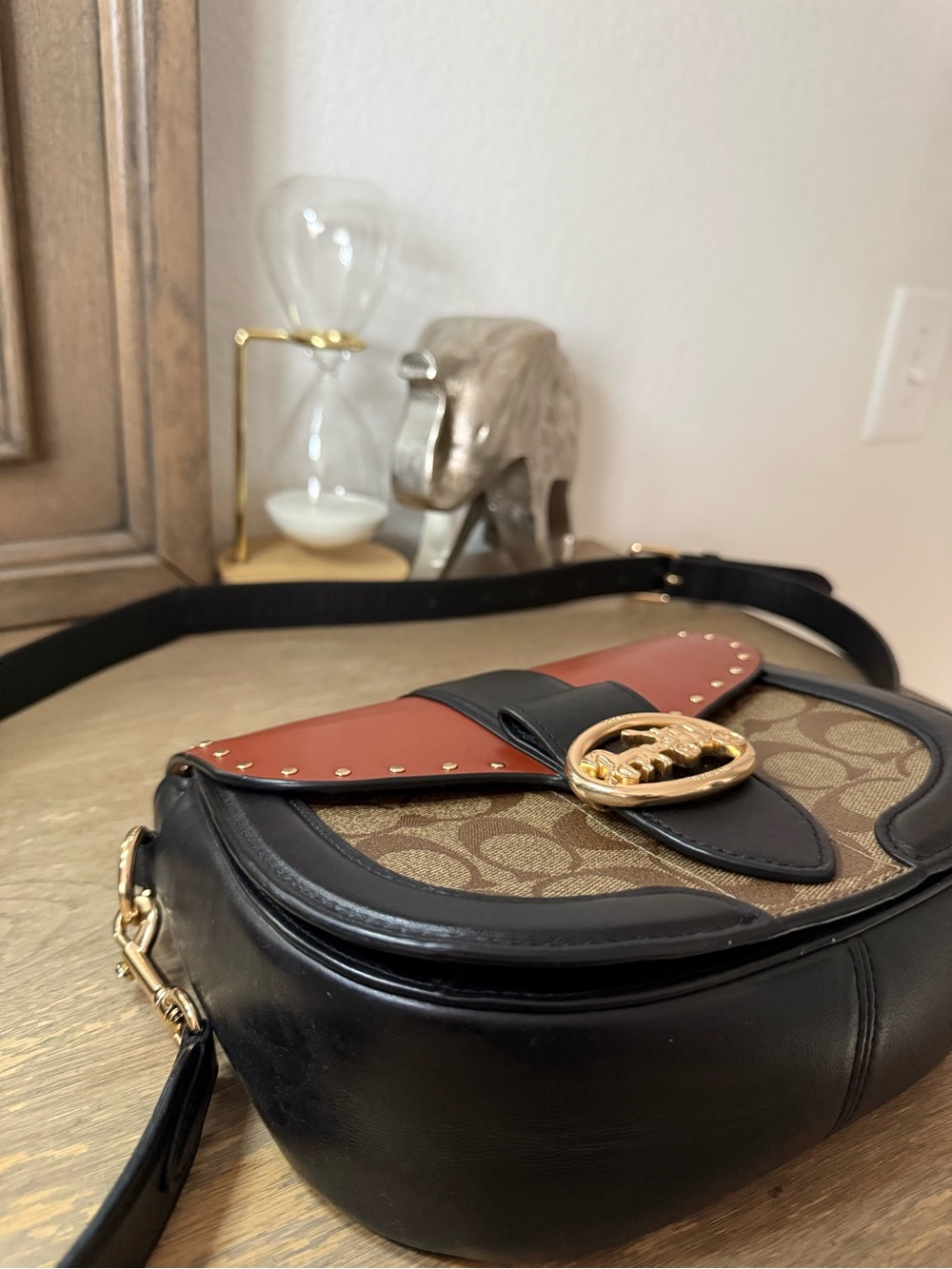 Coach Brown Signature Canvas Crossbody with Black Leather & Rust Flap
